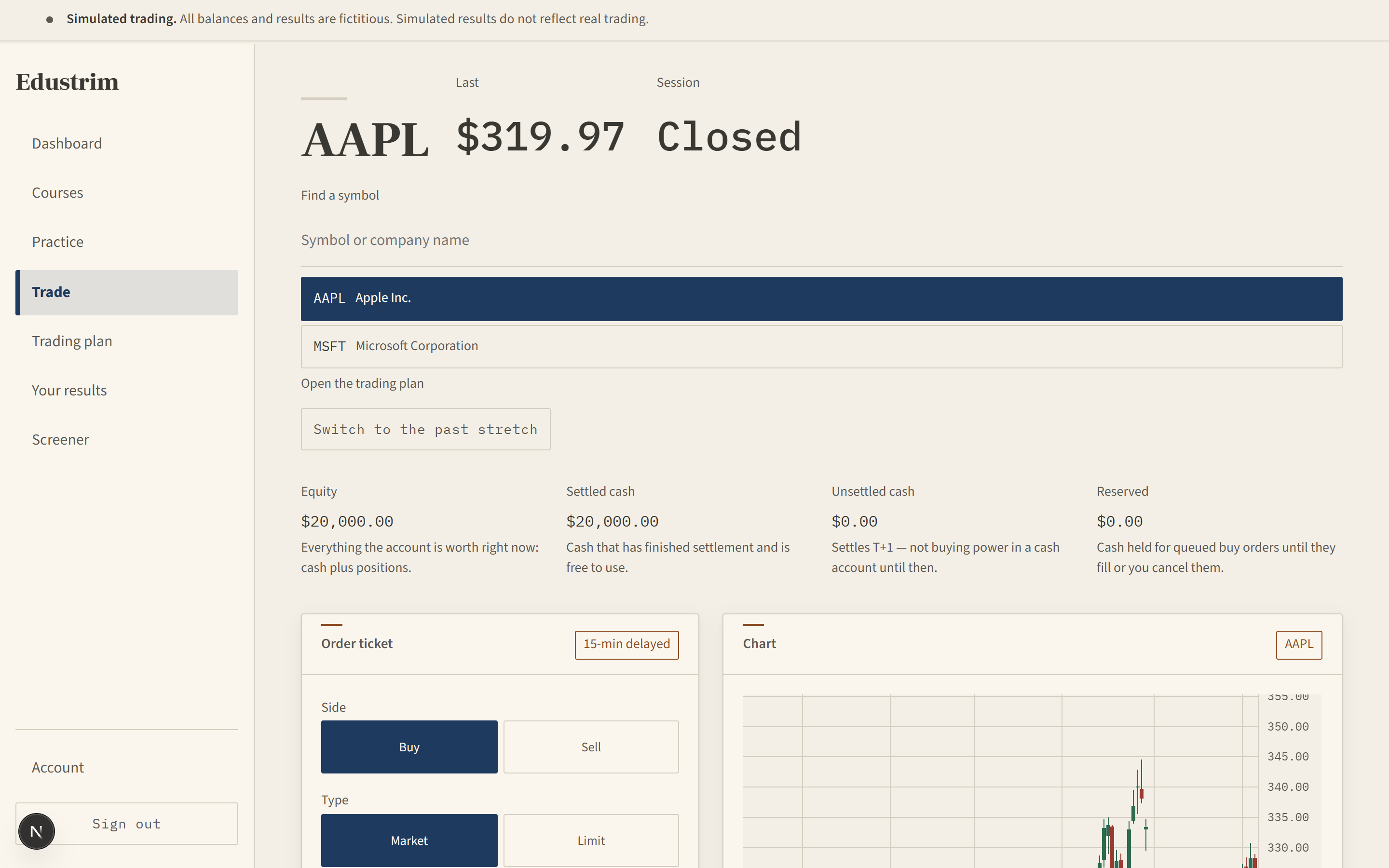 The Edustrim trade screen: candlestick chart, order ticket, and fictitious account balances for AAPL.